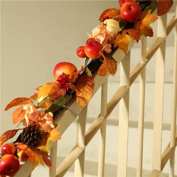 New Fall Garland with Pumpkins, Artificial Maple Leaves, Pinecones, Apples & - Picture 1 of 7